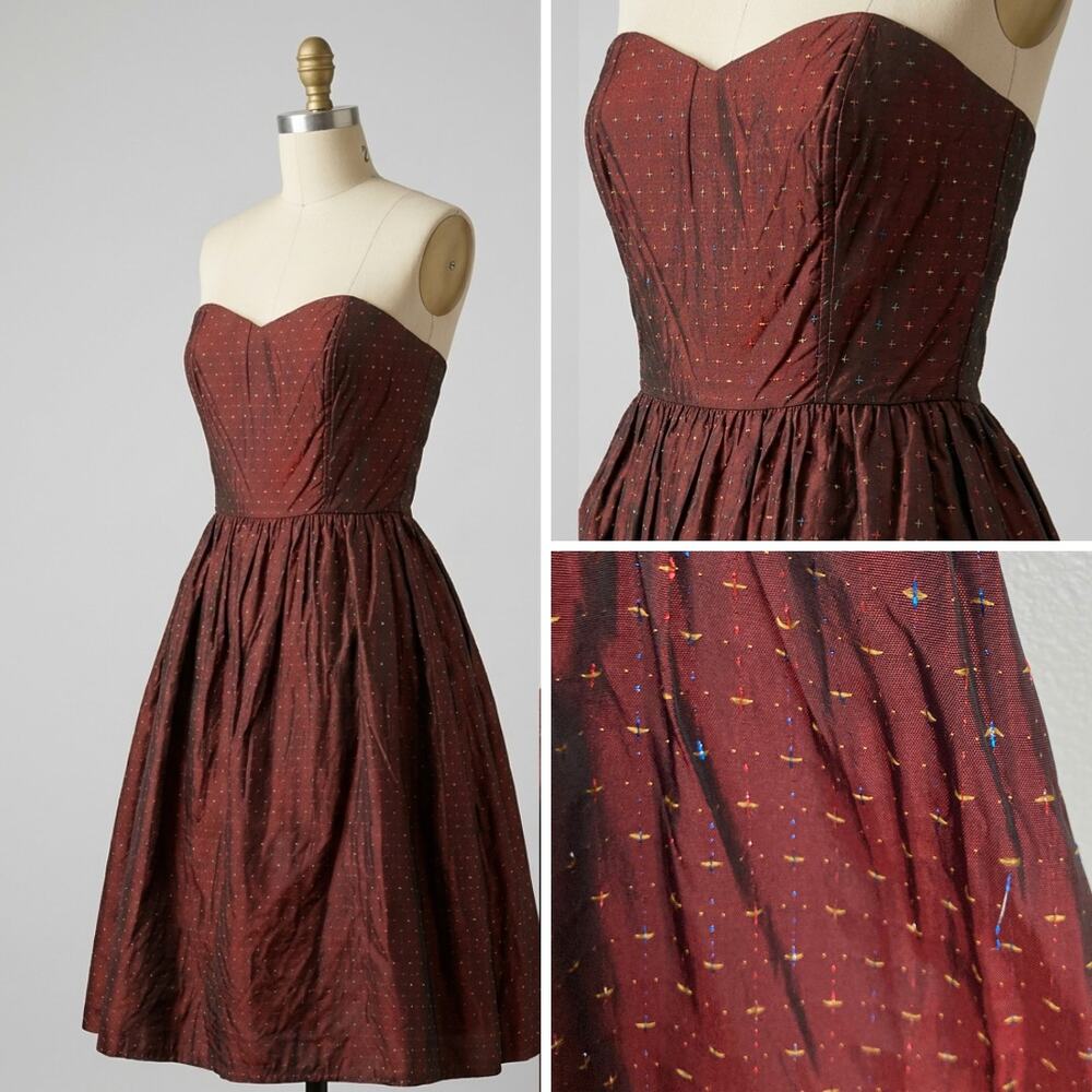 VTG Burgundy Metallic Strapless Dress Girls 14/Womens XS Whimsigoth Wedding Prom
